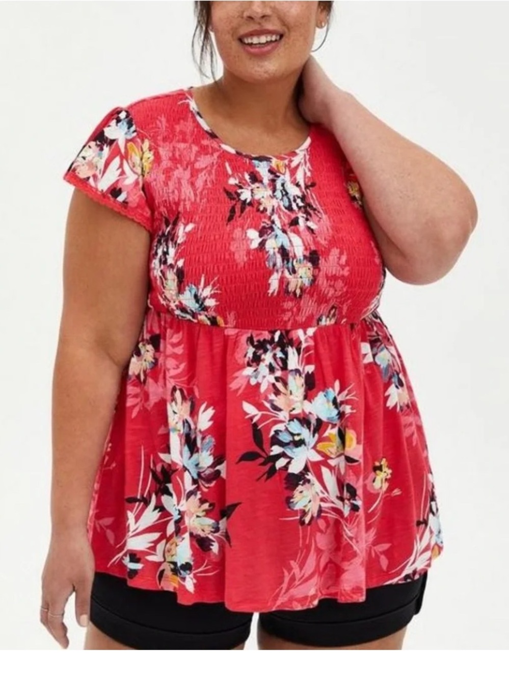 Torrid Coral Red Floral Smocked Babydoll Top Flutter Sleeves Cottagecore Large 2